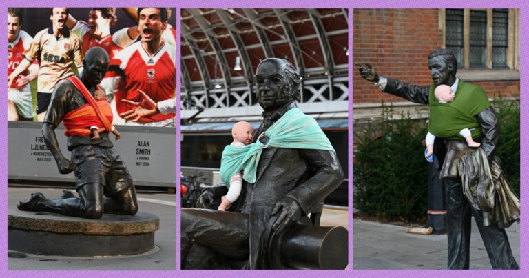 male-activists-tie-baby-dolls-in-slings-to-male-statues-in-call-for-better-uk.-paternity-leave